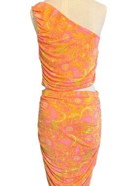 NWT House of Harlow One-Shoulder Pink & Orange Floral Ruched Set